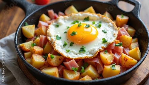 A hearty serving of traditional Pyttipanna, a Swedish hash made with diced potatoes, onions, and ham, topped with a fried egg and garnished with fresh chives, served in a rustic cast iron skillet. photo