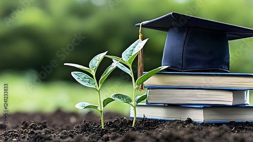 Obraz na płótnie Symbolic scene depicting the merging of education graduation and environmental awareness with an Earth globe and young plants sprouting from open books w salonie