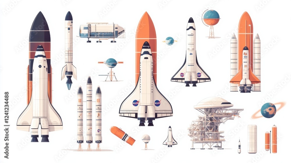 Obraz premium Astronautics and space technology isolated set. Space shuttle, cosmic rocket, spaceship, orbital satellite, mars rover, space station vector illustration. Spacecraft collection in flat design.