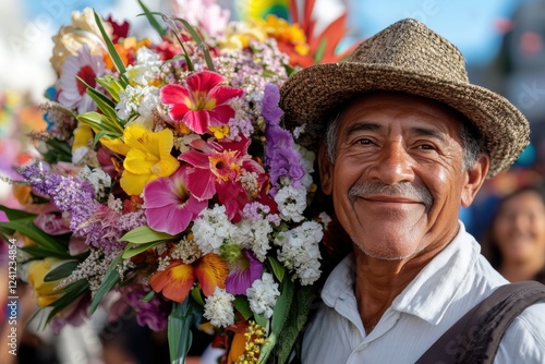 An elderly gentleman is captured holding an impressive display of flowers, exuding happiness and a strong connection to cultural festivities and nature's beauty. photo