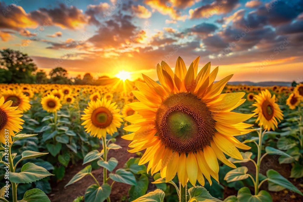 Fototapeta premium Vibrant Sunflowers at Sunrise: Golden Field of Flowers in Early Morning Light
