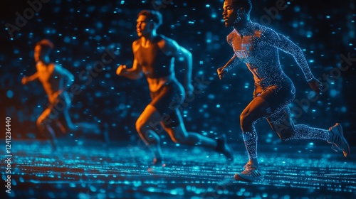 Futuristic digital race scene with three young male runners