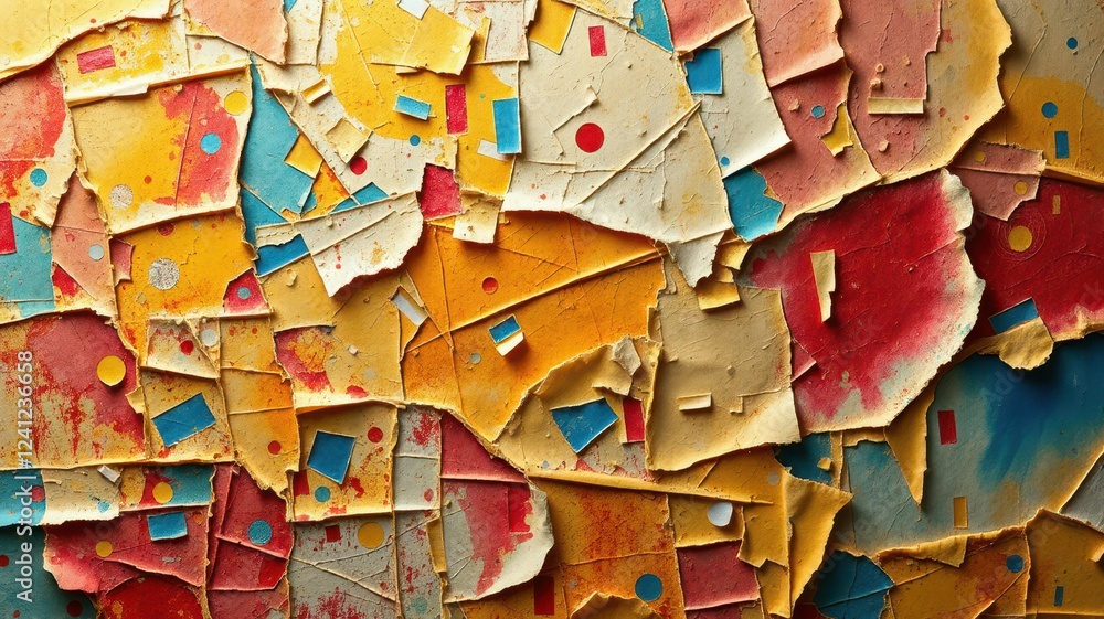 Colorful abstract peeling paint texture shows vibrant layers of red, blue, yellow, and cream on a weathered surface Colorful abstract peeling paint texture shows vibrant layers of red, blue, yellow, and cream on a weathered surface