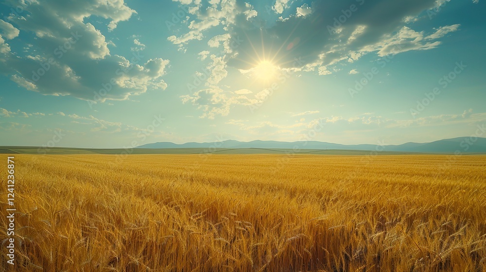 Fototapeta premium Sun - Drenched Splendor: Unraveling the Allure of a Golden Wheat Field's Enchanting Landscape