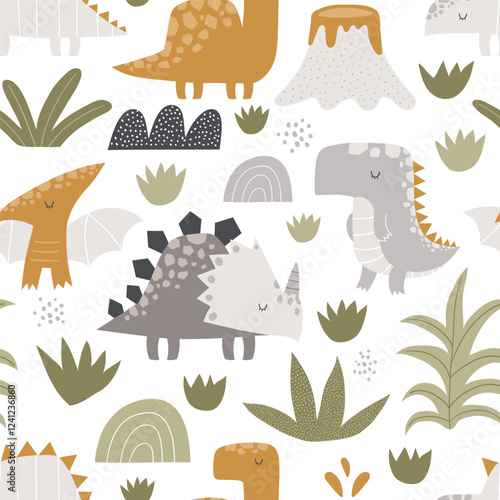Vector seamless pattern with cute dinosaurs, tropical leaves, volcano, hills and plants. Jurassic. Triceratops, raptor, pterodactyl. Creative kids texture for fabric, wrapping, textile, wallpaper.