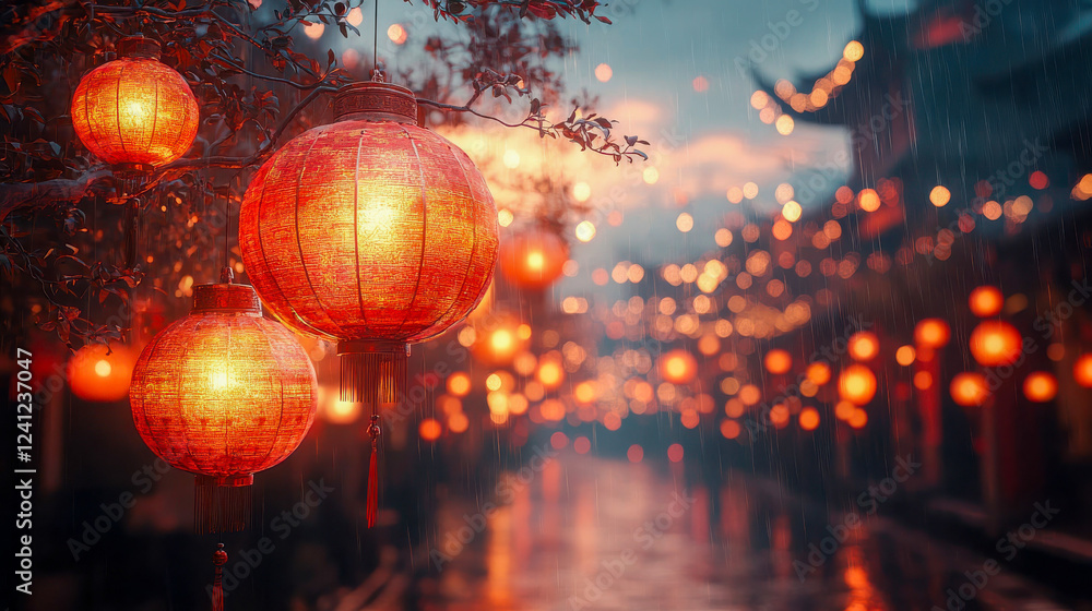 Close-up of a beautiful red Chinese lantern hanging among cherry blossoms, illuminating the street at sunset Close-up of a beautiful red Chinese lantern hanging among cherry blossoms, illuminating the street at sunset