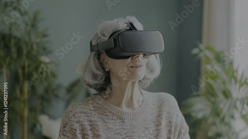 Senior woman having fun with vr glasses at home