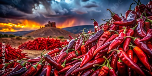 Surreal Dark Red Chili Peppers, Espanola, New Mexico: Vibrant Still Life Photography