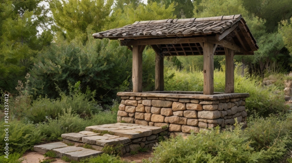 A small stone well with a wooden roof, nestled among wild bushes. A small stone well with a wooden roof, nestled among wild bushes.