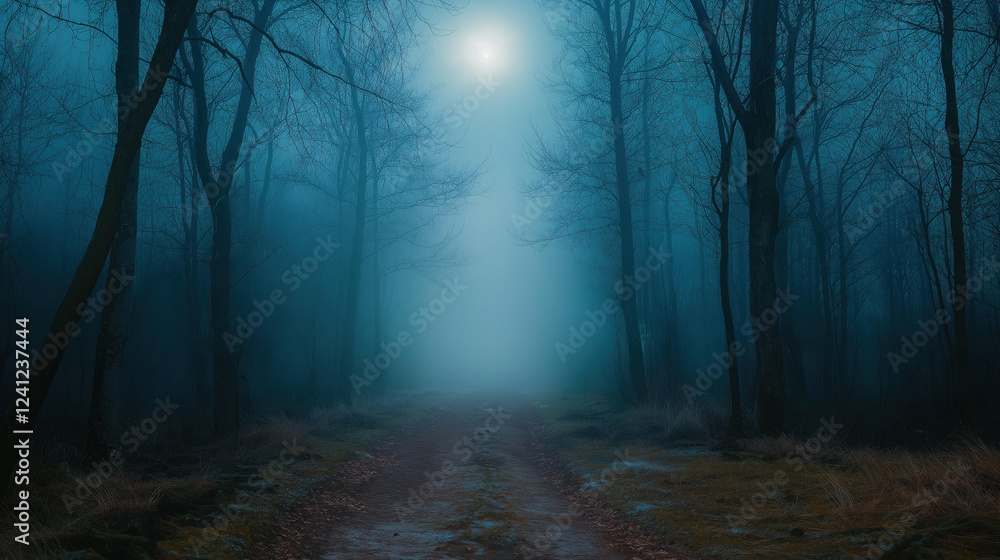 Fototapeta premium Mysterious moonlit foggy forest path at night with eerie atmosphere