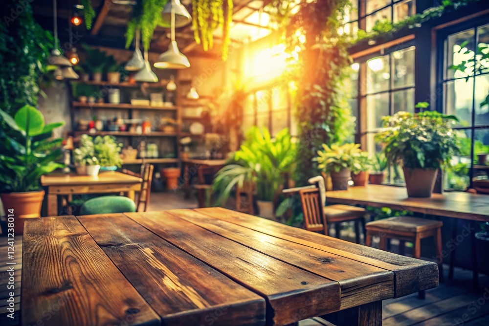 Fototapeta premium Vintage Cafe: Empty Wooden Table, Plants & Shelves - Stock Photo