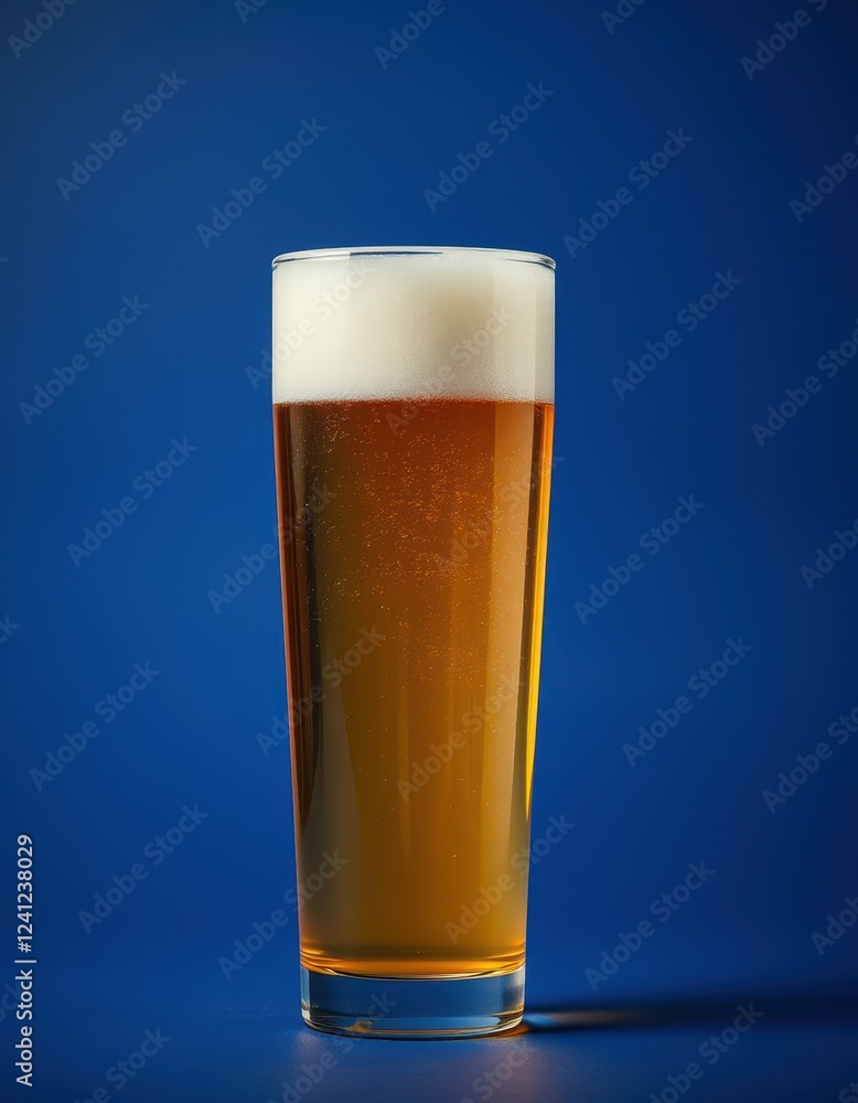 A glass of light beer, nearly full, rests on a solid blue surface A glass of light beer, nearly full, rests on a solid blue surface