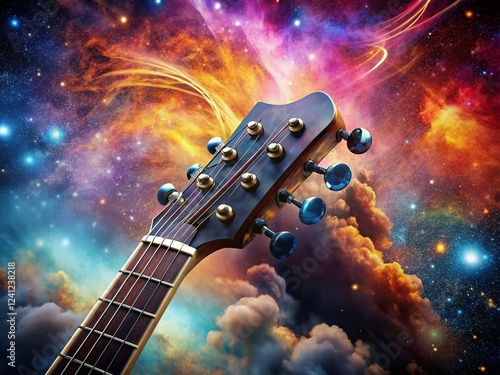 Surreal Floating Guitar Headstock in Cosmic Nebula