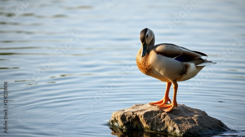 Duck stands on a rock in a serene lake during early morning light with gentle ripples in the water photo