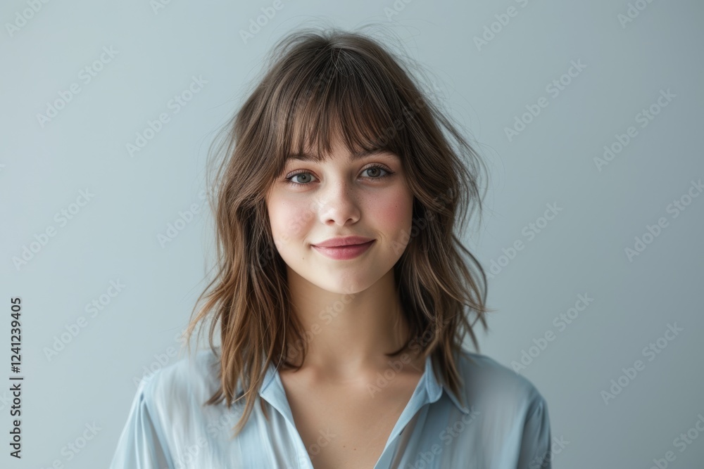 soft features long hair, smiles gently woman while wearing blue shirt against simple plain background. Her relaxed posture calm expression convey sense of ease natural beauty. soft features long hair, smiles gently woman while wearing blue shirt against simple plain background. Her relaxed posture calm expression convey sense of ease natural beauty.