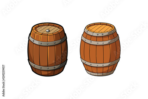 Set of Wooden Barrel Vector Illustration on White Background


