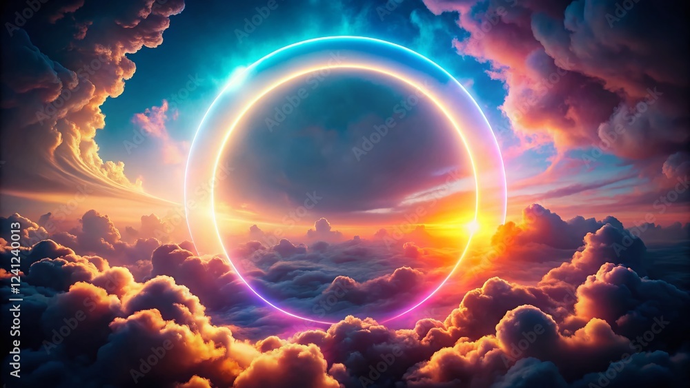 Surreal Neon Circle Ring in Vibrant Cloudscape: Double Exposure Stock Photo Surreal Neon Circle Ring in Vibrant Cloudscape: Double Exposure Stock Photo