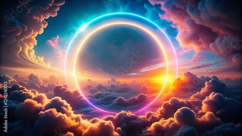 Surreal Neon Circle Ring in Vibrant Cloudscape: Double Exposure Stock Photo
