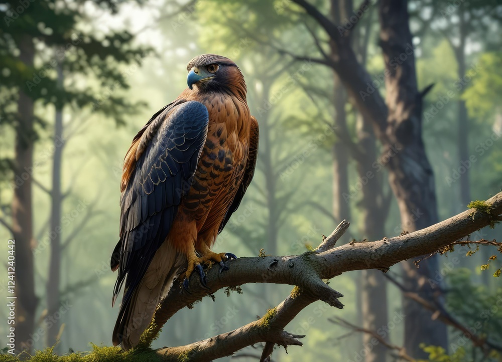 Large bird of prey perched on a branch in a forest clearing , fierce, wildlife, feathered Large bird of prey perched on a branch in a forest clearing , fierce, wildlife, feathered