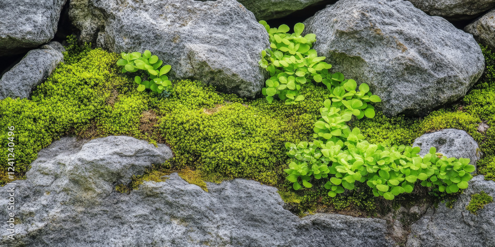 Moss-covered stone background with green lush vegetation growing over ancient gray rocks. Moss-covered stone background with green lush vegetation growing over ancient gray rocks.