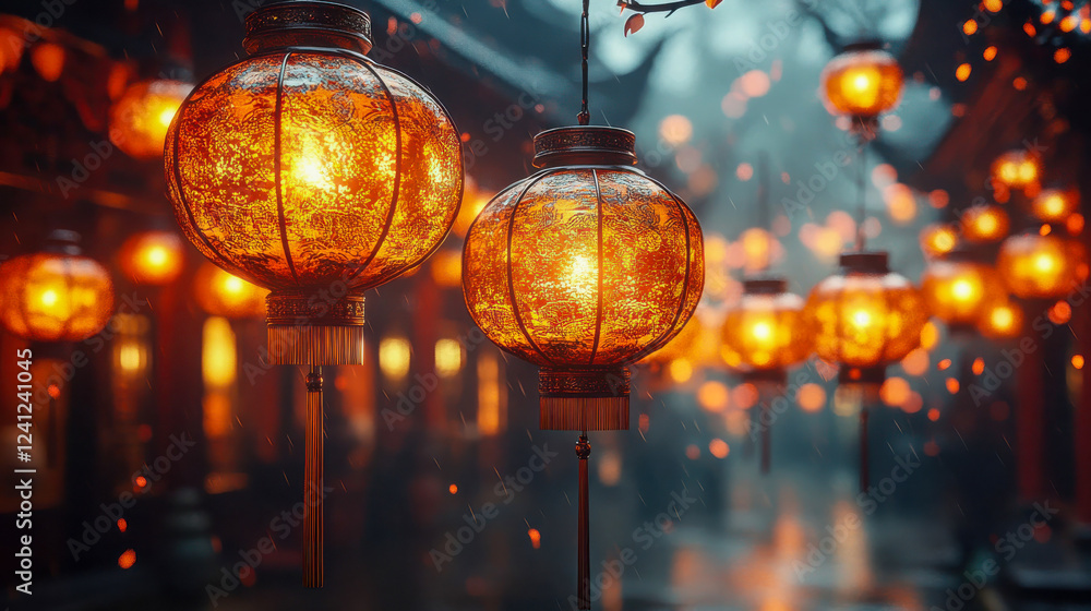 Traditional Chinese lanterns glow warmly against a festive night backdrop with cherry blossoms Traditional Chinese lanterns glow warmly against a festive night backdrop with cherry blossoms