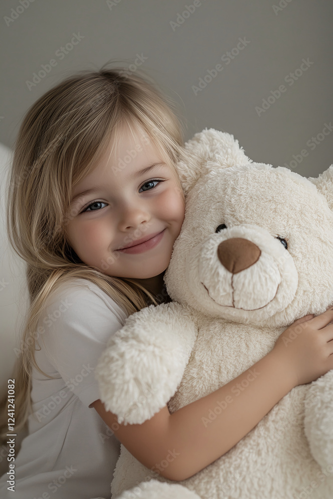 A young girl smiling and hugging a soft, white teddy bear, conveying warmth, comfort, and affection. The photo represents the joy of childhood, companionship, and innocence. A young girl smiling and hugging a soft, white teddy bear, conveying warmth, comfort, and affection. The photo represents the joy of childhood, companionship, and innocence.