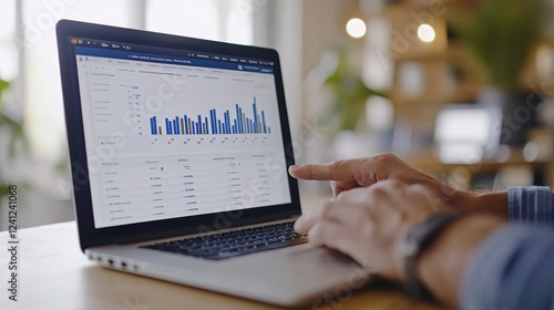 Male adult analyzing business data on laptop with graphs and charts in office