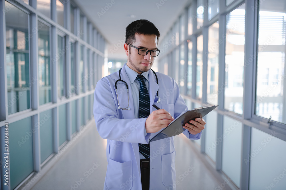 A male doctor is standing checking a list of patients in a hospital corridor. A male doctor is standing checking a list of patients in a hospital corridor.