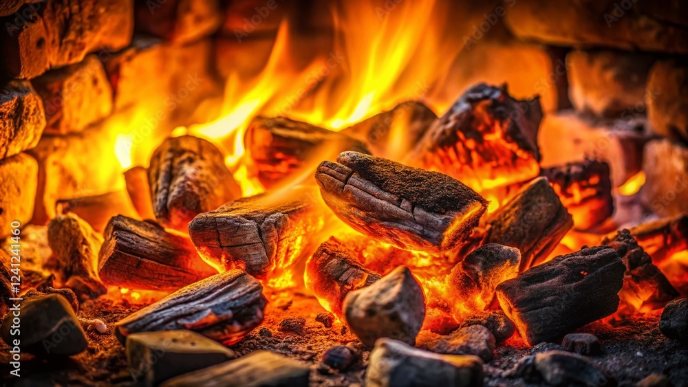 Fototapeta premium Vintage Photo: Glowing Embers in a Rustic Fireplace