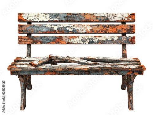 Wooden bench with peeling paint in an outdoor setting surrounded by greenery and natural light