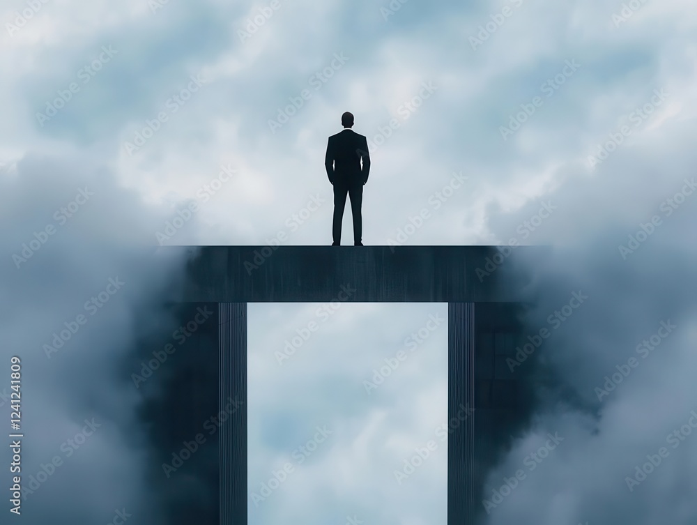 Leader standing on a bridge between two skyscrapers, symbolizing connection, risktaking, and strategy Leader standing on a bridge between two skyscrapers, symbolizing connection, risktaking, and strategy