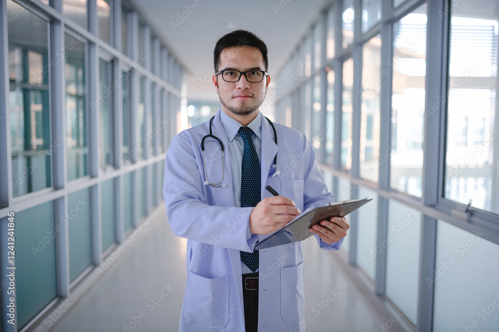 Fototapeta premium A male doctor is standing checking a list of patients in a hospital corridor.