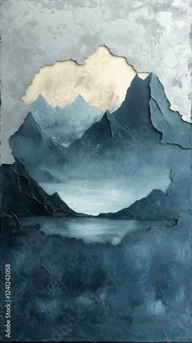 Textured abstract mountain landscape in layered blue and gray with depth photo