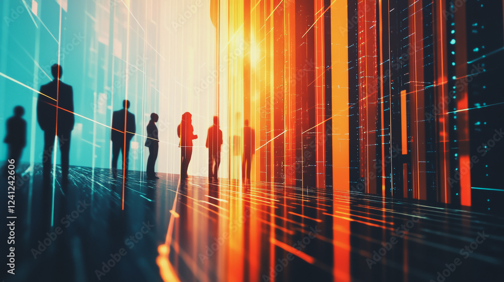 Obraz premium Group of business people silhouettes in modern office building and business network concept. Human resources with pastel innovation charts and graphs with statistics to analyze business