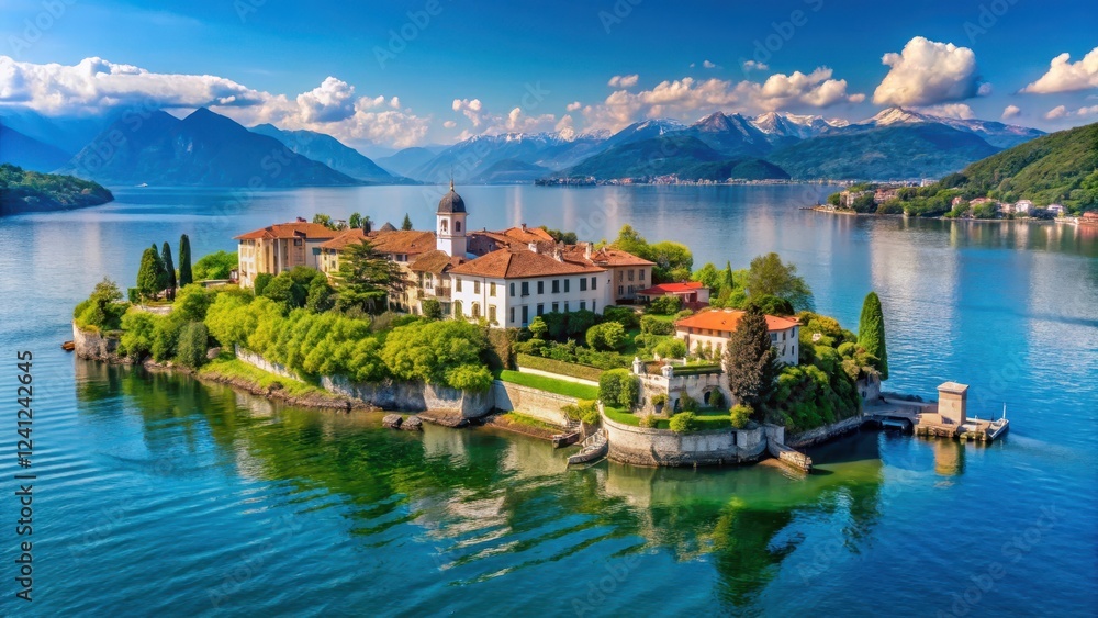 Fototapeta premium Panoramic view of Borromee islands on Lago Maggiore with lush greenery and picturesque villas surrounded by water , borromee islands, italian lakes