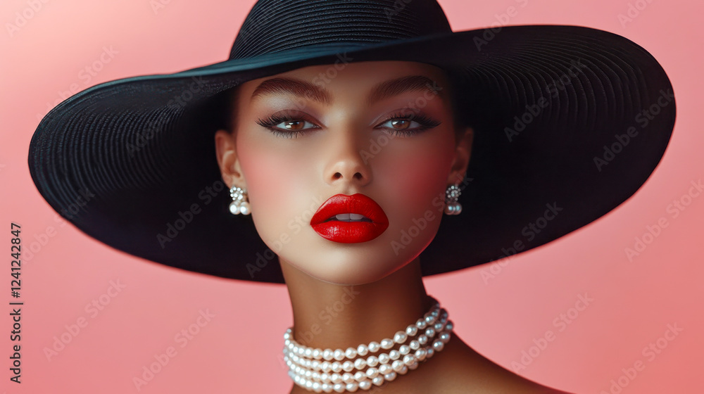 Elegant portrait of a woman in a black hat with red lips, pearls, and soft pink background Elegant portrait of a woman in a black hat with red lips, pearls, and soft pink background