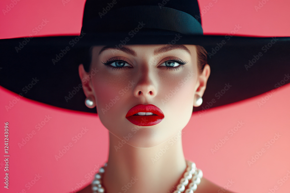 Sophisticated portrait of a woman in a black hat, wearing pearls, with a bold red lip Sophisticated portrait of a woman in a black hat, wearing pearls, with a bold red lip