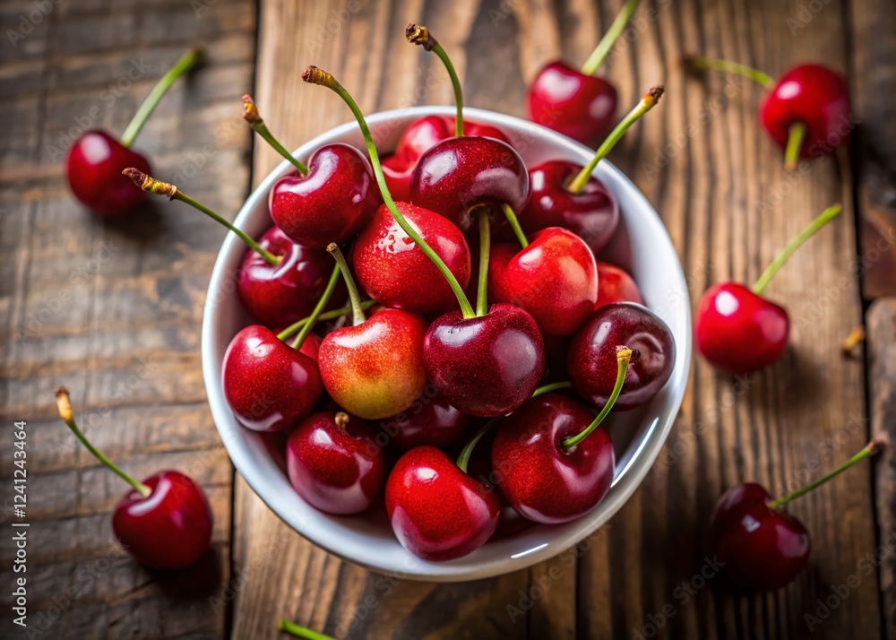 Sweet Cherries in White Bowl on Rustic Wooden Table - Top View Sweet Cherries in White Bowl on Rustic Wooden Table - Top View