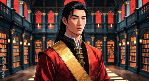 Red brocade tunic with golden sash in grand medieval library young Asian man straight long hair background illustration portrait photo