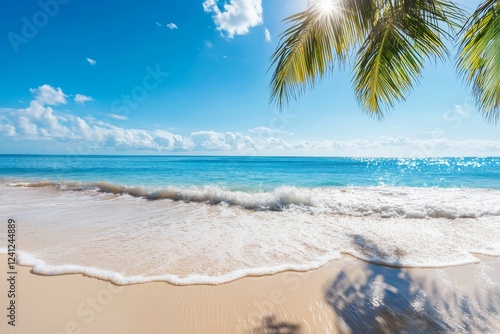 Wallpaper Mural Tropical Beach Paradise:  A picturesque tropical beach scene, showcasing crystal-clear turquoise waters lapping gently onto a pristine white sandy shore. Torontodigital.ca