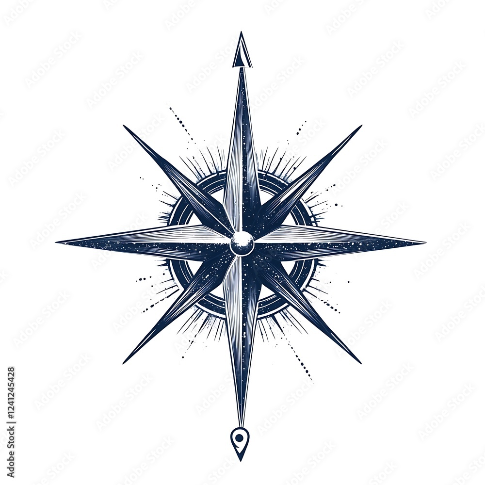 Fototapeta premium Vector image of a compass rose design in navy blue, symbolizing navigation and direction