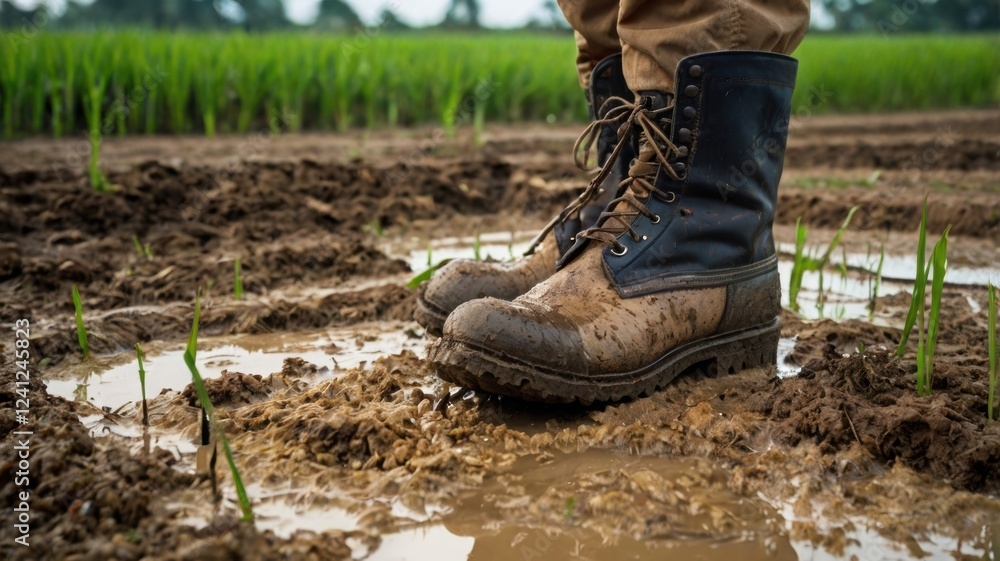 A pair of muddy boots sinking into wet rice field soil, close-up view. A pair of muddy boots sinking into wet rice field soil, close-up view.
