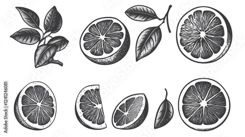Citrus fruit slices and leaves, vintage style, graphic design, food illustrations