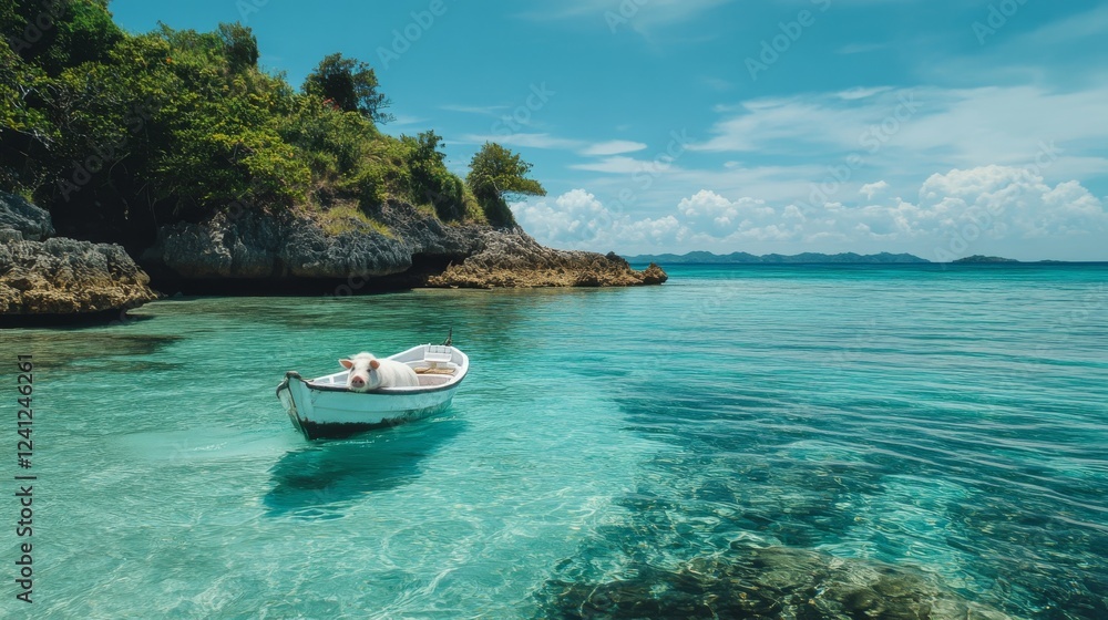 A pig takes a dip in the crystal-clear waters off a paradise island.