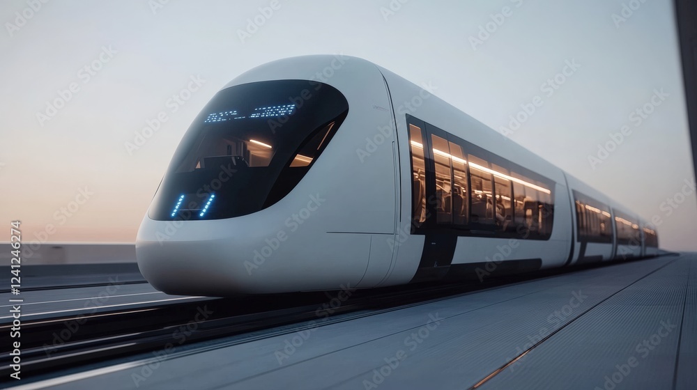 Modern high-speed train traveling at sunrise, showcasing advanced rail technology and sustainable transportation solutions for efficient commuting. Modern high-speed train traveling at sunrise, showcasing advanced rail technology and sustainable transportation solutions for efficient commuting.