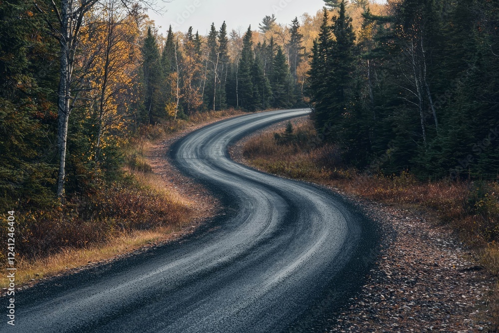 Fototapeta premium Empty winding road through autumnal forest landscape.