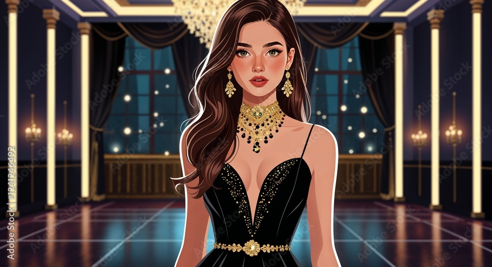 Fototapeta premium Sleek black cocktail dress with golden accessories in dim lit ballroom teen Hispanic girl long brunette hair background illustration portrait