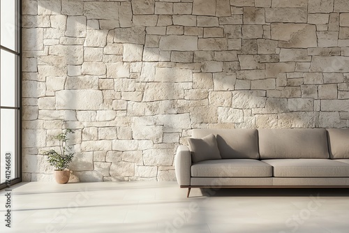 Modern living room with stone wall design.