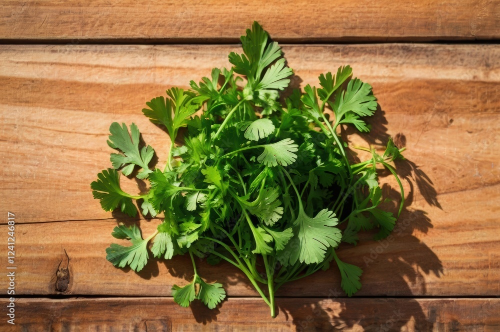 Top view of fresh green cilantro leaves on a bright wooden surface. Top view of fresh green cilantro leaves on a bright wooden surface.