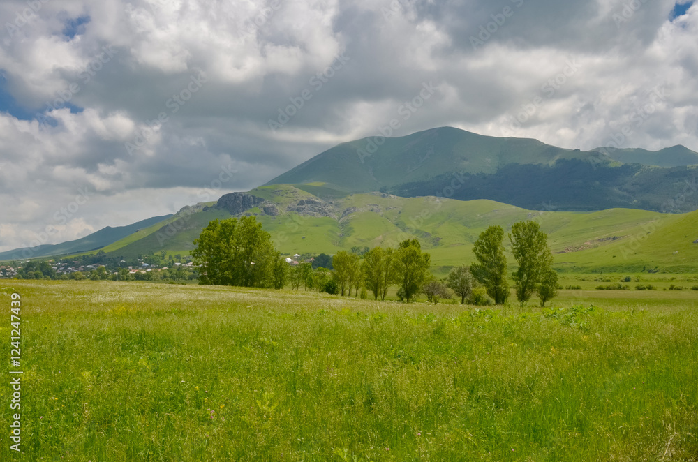 Fototapeta premium scenic view of Urut viilage and Kotratssar and Metssar mountains of Lesser Caucasus (Lori province, Armenia)